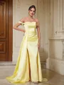 Sheath/Column Off-the-Shoulder Clean-lined Sleeveless Sweep Train Satin Prom Dresses