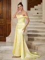 Sheath/Column Off-the-Shoulder Clean-lined Sleeveless Sweep Train Satin Prom Dresses