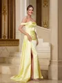 Sheath/Column Off-the-Shoulder Clean-lined Sleeveless Sweep Train Satin Prom Dresses