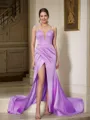 Sheath/Column Straps Minimalist Sleeveless Sweep Train Satin Prom Dresses