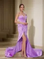 Sheath/Column Straps Minimalist Sleeveless Sweep Train Satin Prom Dresses