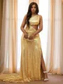 Sheath/Column One-Shoulder Sleeveless Radiant Court Train Sequins Prom Dresses