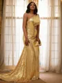 Sheath/Column One-Shoulder Sleeveless Radiant Court Train Sequins Prom Dresses