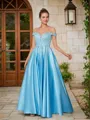A-line Off-the-Shoulder Classy Sleeveless Floor-Length Satin Prom Dresses