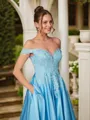 A-line Off-the-Shoulder Classy Sleeveless Floor-Length Satin Prom Dresses