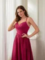 A-line V-Neck Trendy Sleeveless Sweep Train Silk like Satin Prom Dresses