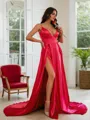A-line V-Neck Sleeveless Glam Sweep Train Silk like Satin Prom Dresses