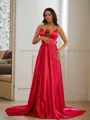 A-line V-Neck Sleeveless Glam Sweep Train Silk like Satin Prom Dresses