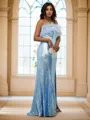 Sheath/Column Strapless Sleeveless Sweep Train Lustrous Sequins Prom Dresses