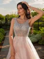 A-line Straps Stylish Sleeveless Sweep Train Open Back Tulle Prom Dresses