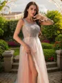 A-line Straps Stylish Sleeveless Sweep Train Open Back Tulle Prom Dresses