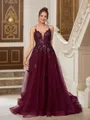 A-line V-Neck Fashion Sleeveless Court Train Tulle Prom Dresses