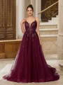 A-line V-Neck Fashion Sleeveless Court Train Tulle Prom Dresses