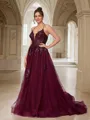A-line V-Neck Fashion Sleeveless Court Train Tulle Prom Dresses