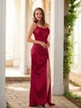 Sheath/Column Spaghetti Straps Sultry Sleeveless Sweep Train Silk like Satin Prom Dresses