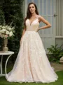 A-line V-Neck Elegant Sleeveless Sweep Train Tulle Prom Dresses
