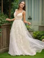 A-line V-Neck Elegant Sleeveless Sweep Train Tulle Prom Dresses