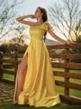 A-line One-Shoulder Sleeveless Sweep Train Satin Dreamy Prom Dresses