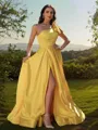 A-line One-Shoulder Sleeveless Sweep Train Satin Dreamy Prom Dresses