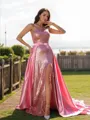 A-line One-Shoulder Chic Sleeveless Sweep Train Silk like Satin Prom Dresses