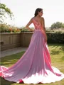 A-line One-Shoulder Chic Sleeveless Sweep Train Silk like Satin Prom Dresses