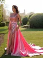 A-line One-Shoulder Chic Sleeveless Sweep Train Silk like Satin Prom Dresses