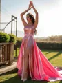 A-line One-Shoulder Chic Sleeveless Sweep Train Silk like Satin Prom Dresses
