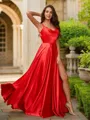 A-line Trendy Spaghetti Straps Sleeveless Sweep Train Satin Prom Dresses