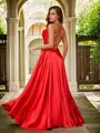 A-line Trendy Spaghetti Straps Sleeveless Sweep Train Satin Prom Dresses