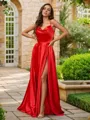 A-line Trendy Spaghetti Straps Sleeveless Sweep Train Satin Prom Dresses
