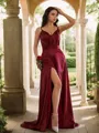 A-line V-Neck Fashion Sleeveless Sweep Train Silk like Satin Prom Dresses