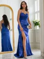 Flattering Sheath/Column Spaghetti Straps Sleeveless Sweep Train Silk like Satin Prom Dresses