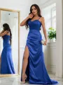 Flattering Sheath/Column Spaghetti Straps Sleeveless Sweep Train Silk like Satin Prom Dresses