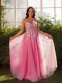 A-line Chic Straps Sleeveless Floor-Length Tulle Prom Dresses