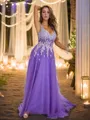 A-line V-Neck Elegant Sleeveless Sweep Train Tulle Prom Dresses