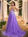 A-line V-Neck Elegant Sleeveless Sweep Train Tulle Prom Dresses
