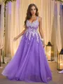 A-line V-Neck Elegant Sleeveless Sweep Train Tulle Prom Dresses