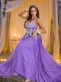 A-line V-Neck Elegant Sleeveless Sweep Train Tulle Prom Dresses