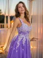 A-line V-Neck Elegant Sleeveless Sweep Train Tulle Prom Dresses