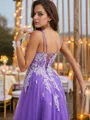 A-line V-Neck Elegant Sleeveless Sweep Train Tulle Prom Dresses