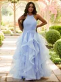A-line Halter Modest Sleeveless Floor-Length Tulle Prom Dresses