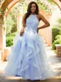 A-line Halter Modest Sleeveless Floor-Length Tulle Prom Dresses