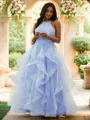 A-line Halter Modest Sleeveless Floor-Length Tulle Prom Dresses