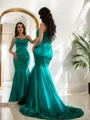 Sheath/Column Show-stopping V-Neck Sleeveless Sweep Train Silk like Satin Prom Dresses
