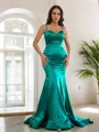 Sheath/Column Show-stopping V-Neck Sleeveless Sweep Train Silk like Satin Prom Dresses