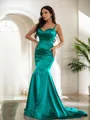Sheath/Column Show-stopping V-Neck Sleeveless Sweep Train Silk like Satin Prom Dresses