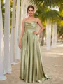 A-line Spaghetti Straps Unique Sleeveless Sweep Train Silk like Satin Prom Dresses