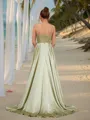 A-line Spaghetti Straps Unique Sleeveless Sweep Train Silk like Satin Prom Dresses