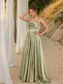 A-line Spaghetti Straps Unique Sleeveless Sweep Train Silk like Satin Prom Dresses