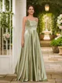 A-line Spaghetti Straps Unique Sleeveless Sweep Train Silk like Satin Prom Dresses